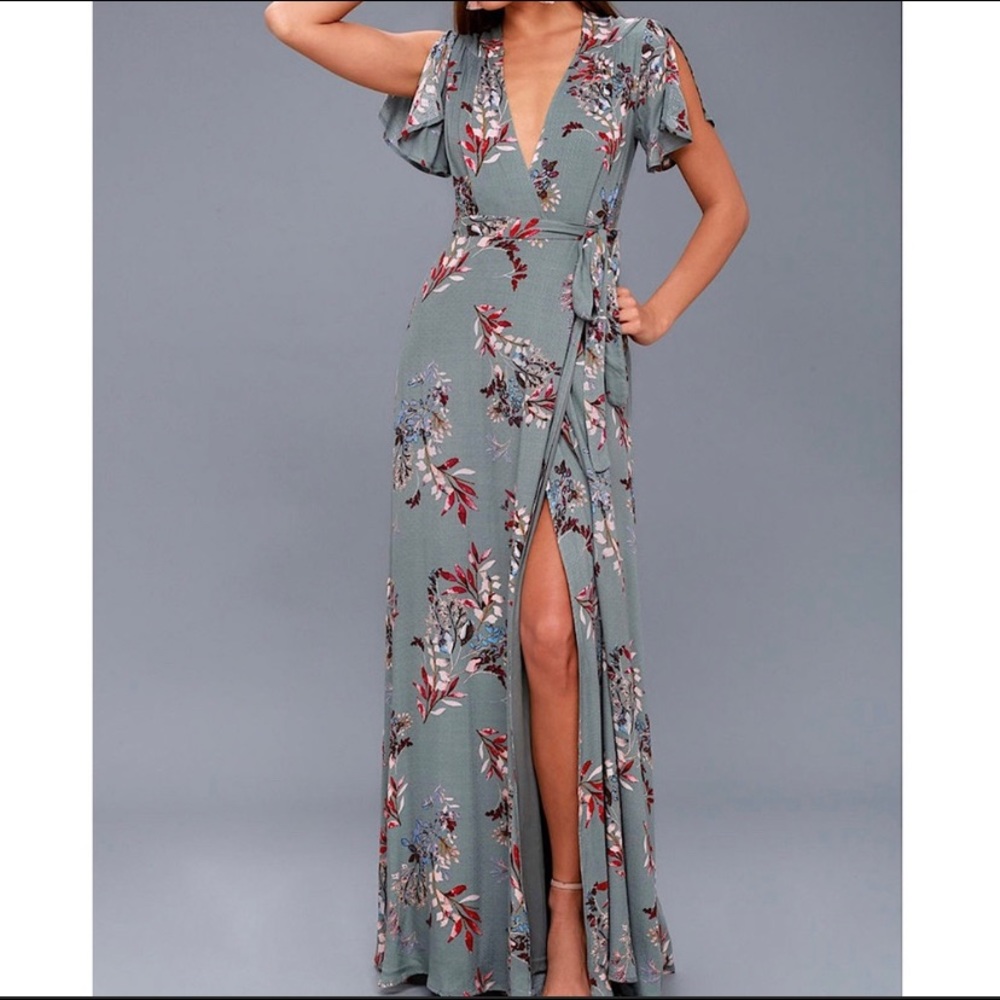 NWT Lulu’s Slate Blue Floral Print Wrap Maxi Dress